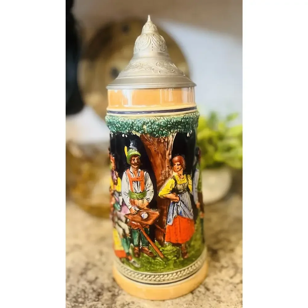 Gerz Dance of the Mountain Tanz Auf Der Alm Lidded Beer Stein 10.5” Hand Painted